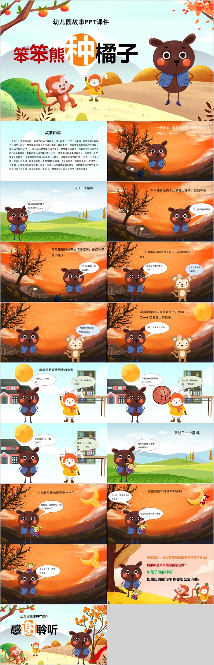 精品卡通幼儿园儿童故事绘本《笨笨熊种橘子》的故事PPT课件