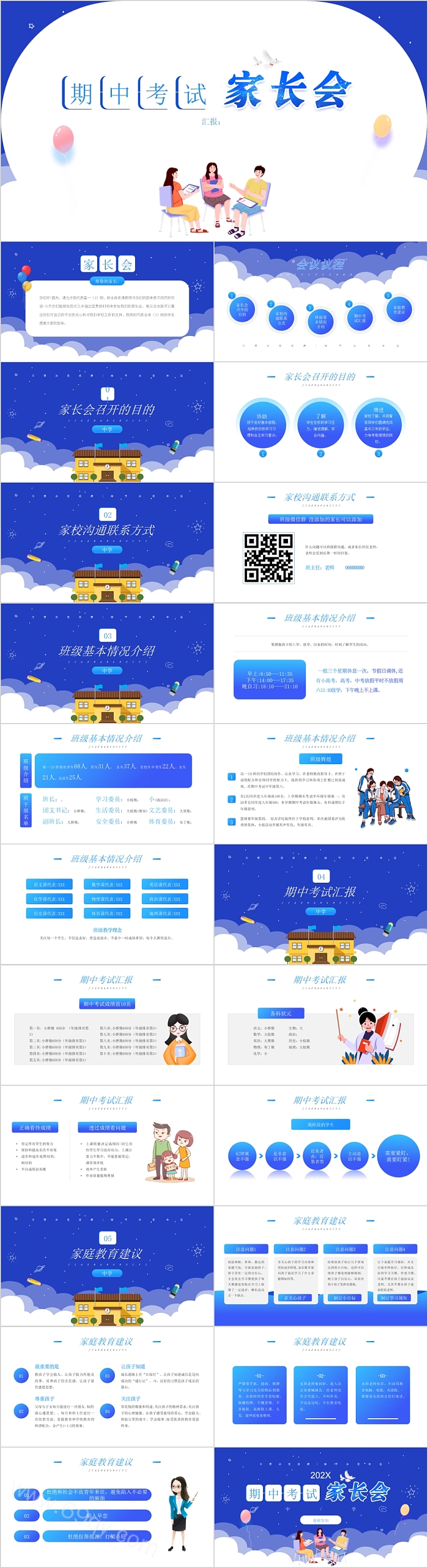 蓝色创意期中考试家长会PPT课件