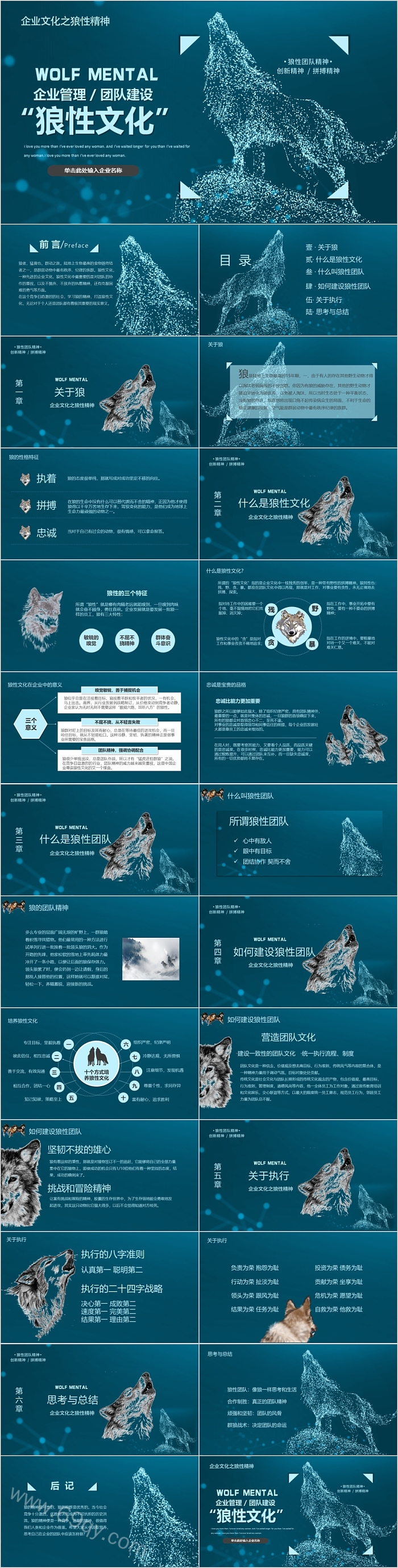 蓝色高端企业文化团队建设狼心文化PPT模板