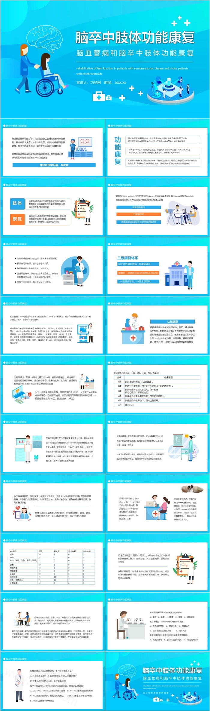 精品蓝色脑卒中肢体功能康复PPT课件