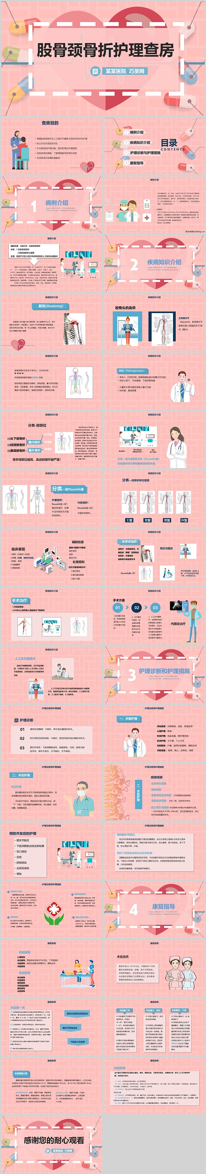 粉色精美股骨颈骨折护理查房PPT模板