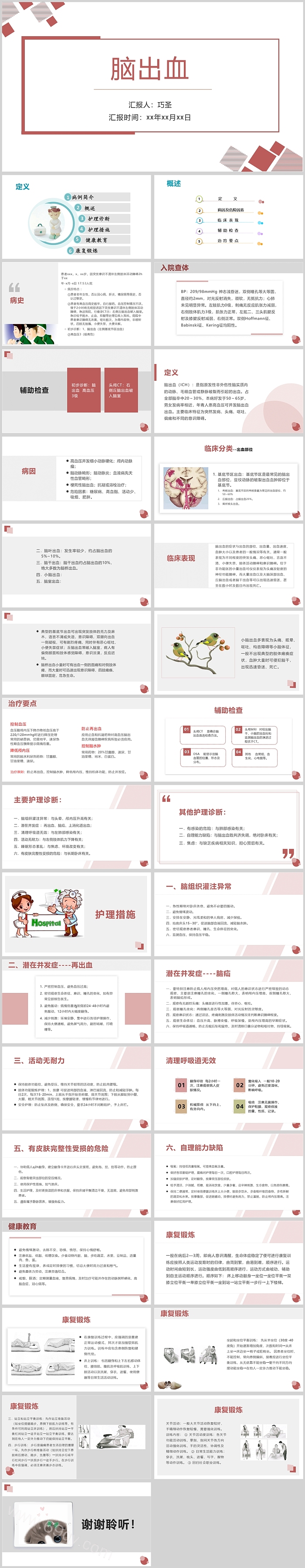 红色简单实用脑出血护理查房PPT模板