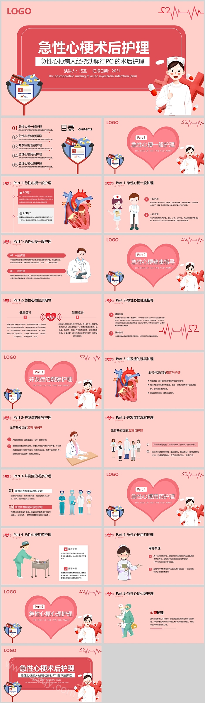 粉色急性心梗病人经桡动脉行PCI的术后护理PPT模板