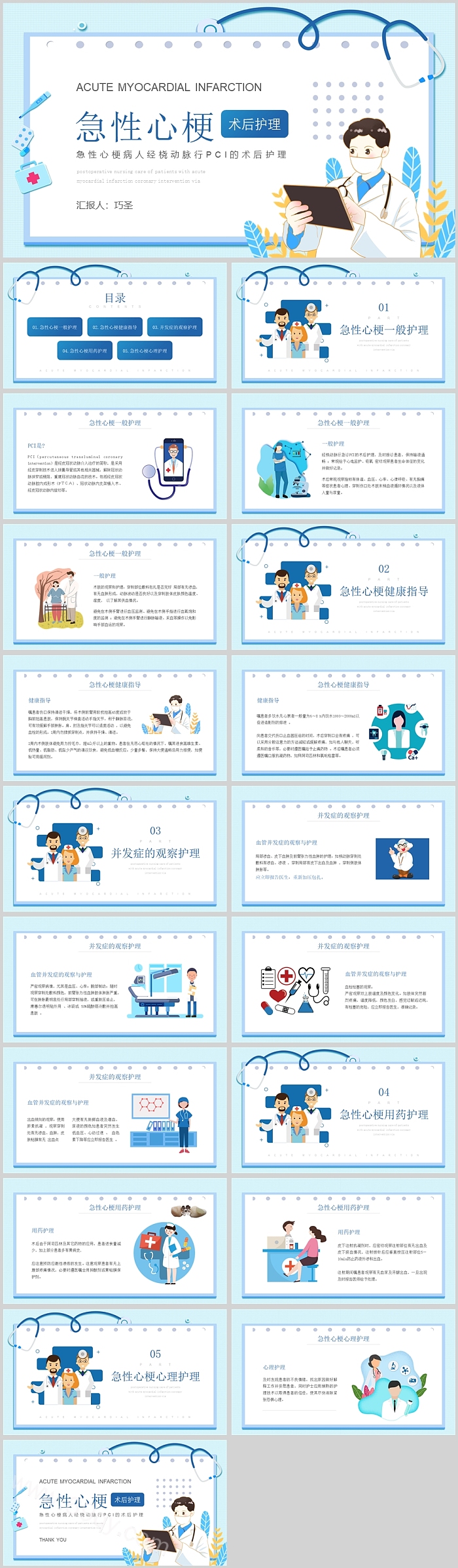 蓝色急性心梗术后护理查房PPT模板