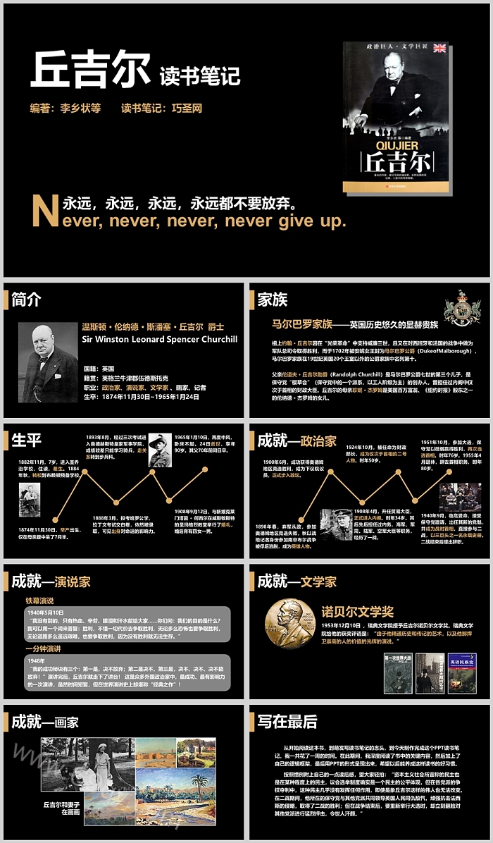 黑色精美丘吉尔读书笔记PPT课件