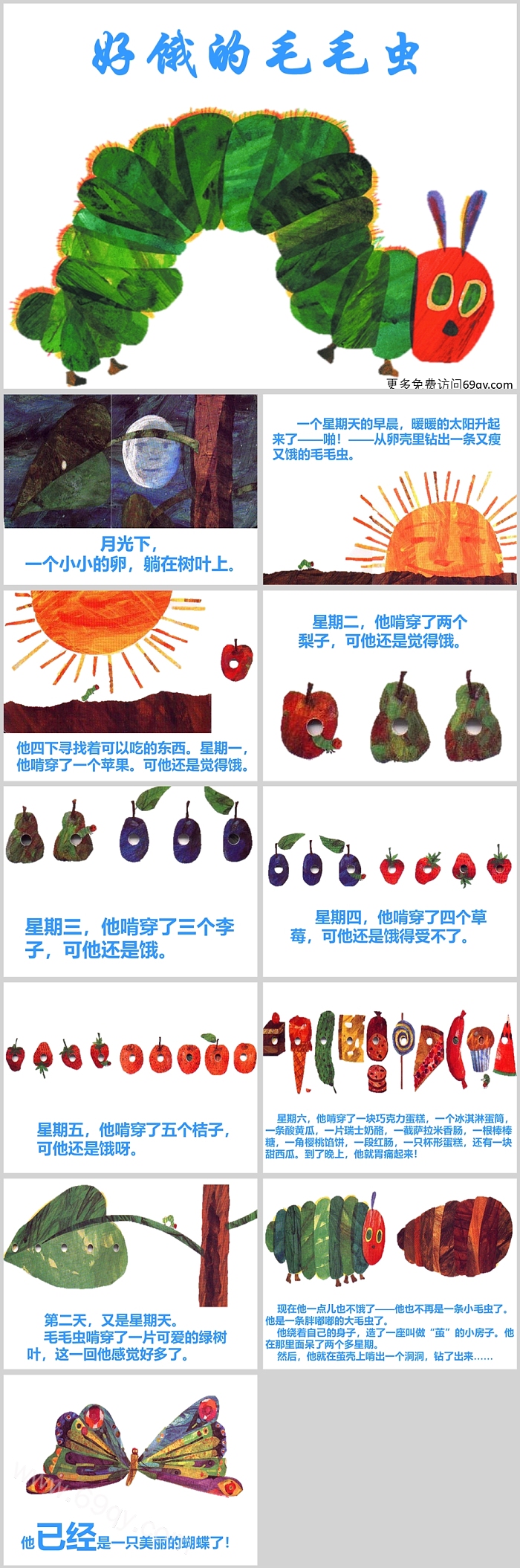 高清幼儿园儿童早教《肚子好饿的毛毛虫》图文绘本故事PPT课件