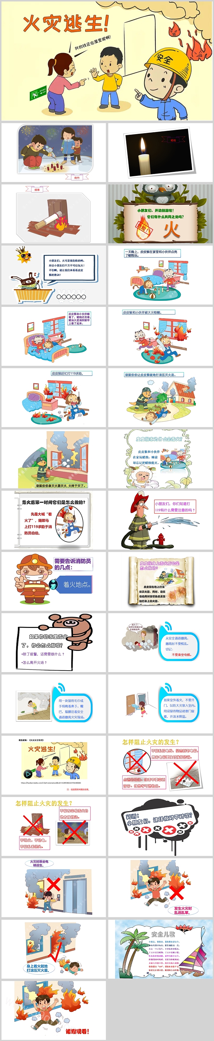 精美卡通幼儿园火灾逃生常识消防安全基础知识主题教育PPT课件
