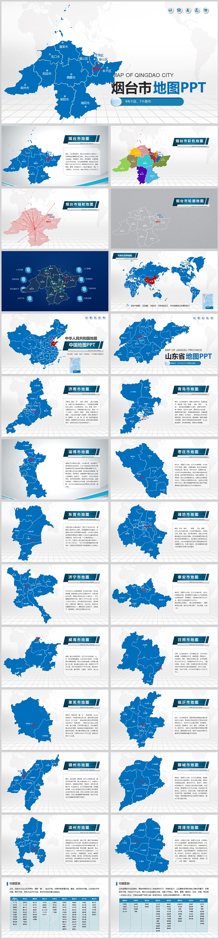 高清矢量可填充编辑中国山东省烟台市地图PPT模板（图文版）
