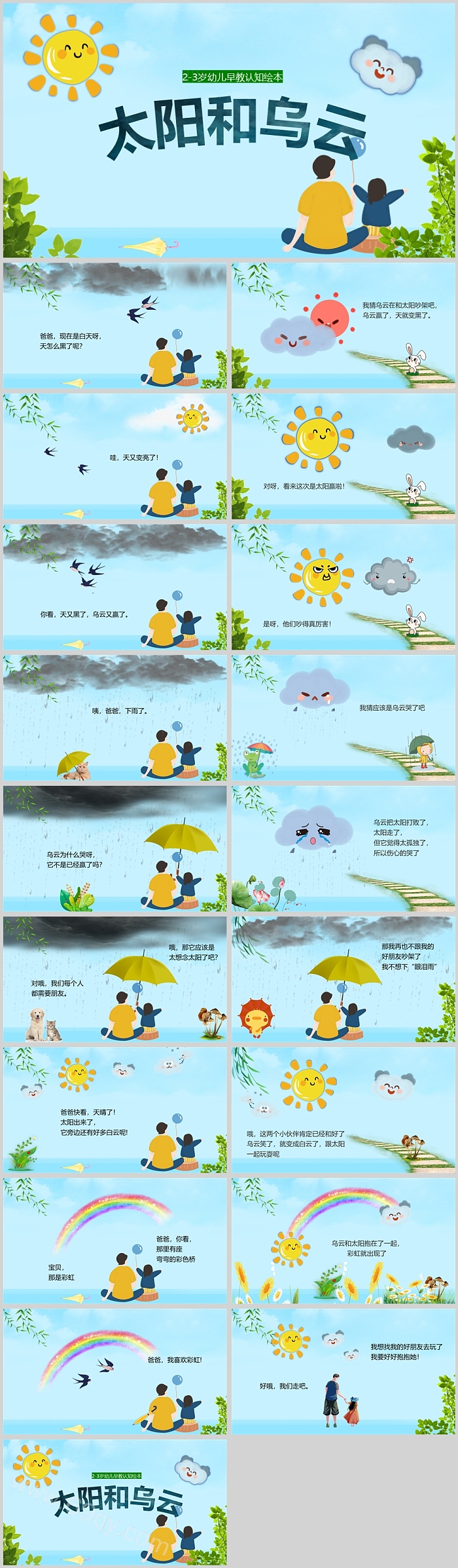 蓝色卡通幼儿园儿童《太阳和乌云》寓言故事绘本PPT课件