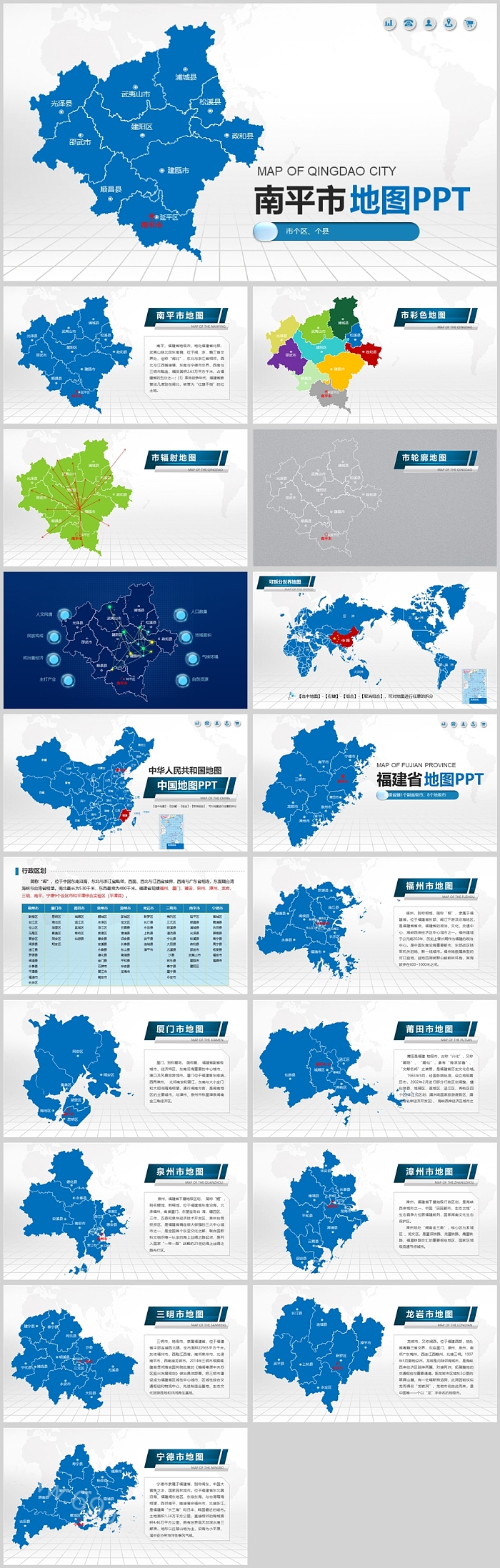 蓝色动态分层矢量可填充编辑福建省南平市地图PPT模板（区县图）