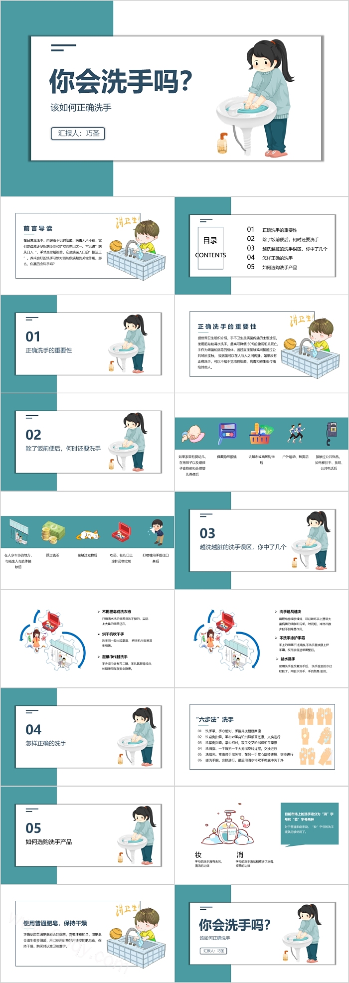 卡通风你会洗手吗该如何正确洗手手卫生PPT模板