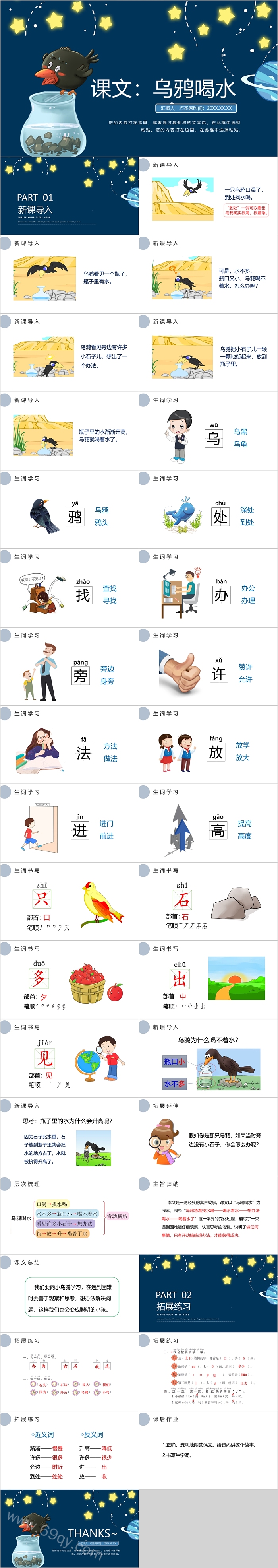 卡通蓝色部编版小学一年级语文《乌鸦喝水》语文课件PPT（04）