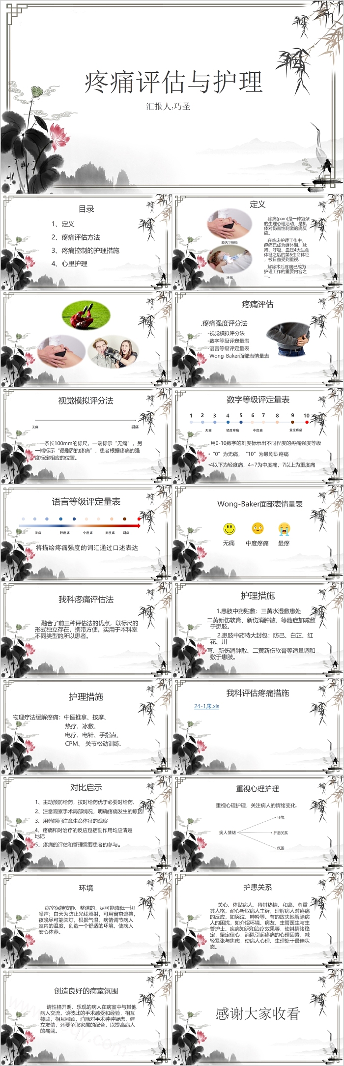 水墨风疼痛评估与护理内容型PPT课件