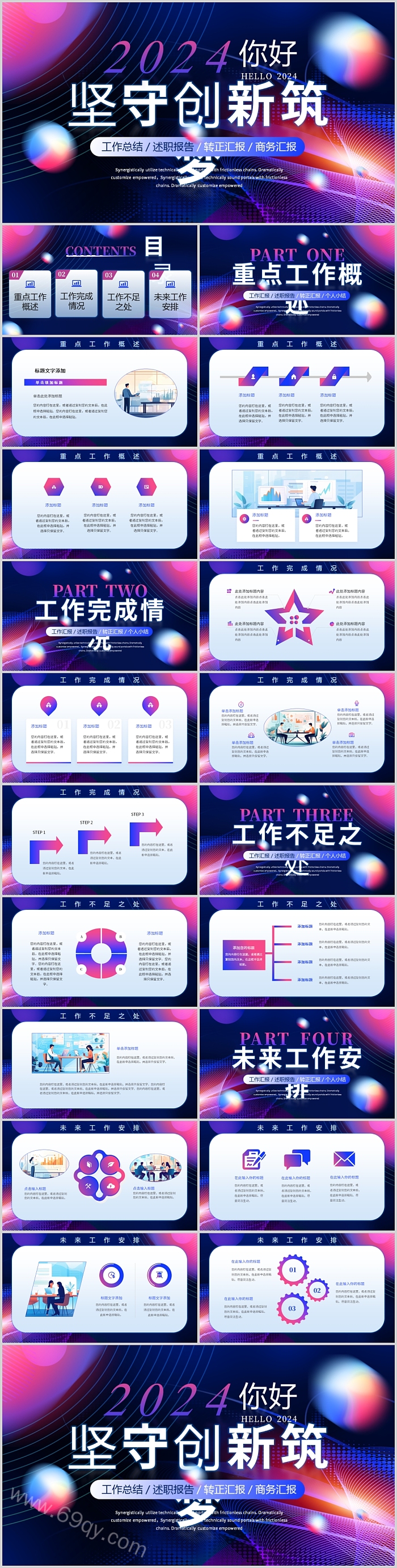 2024蓝紫色励志风坚守创新筑梦工作总结述职报告PPT模版