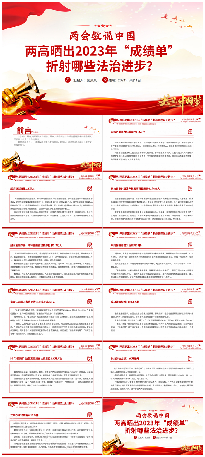 红色大气2024年两会数说中国：两高晒出2023年成绩单折射出的法治进步党课ppt课件