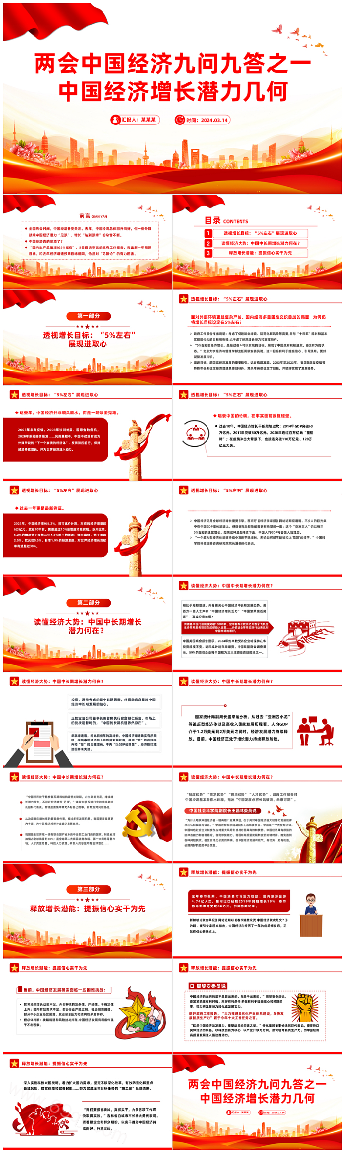 简洁大气全国两会中国经济问答之一：中国经济几何增长潜力党课PPT课件