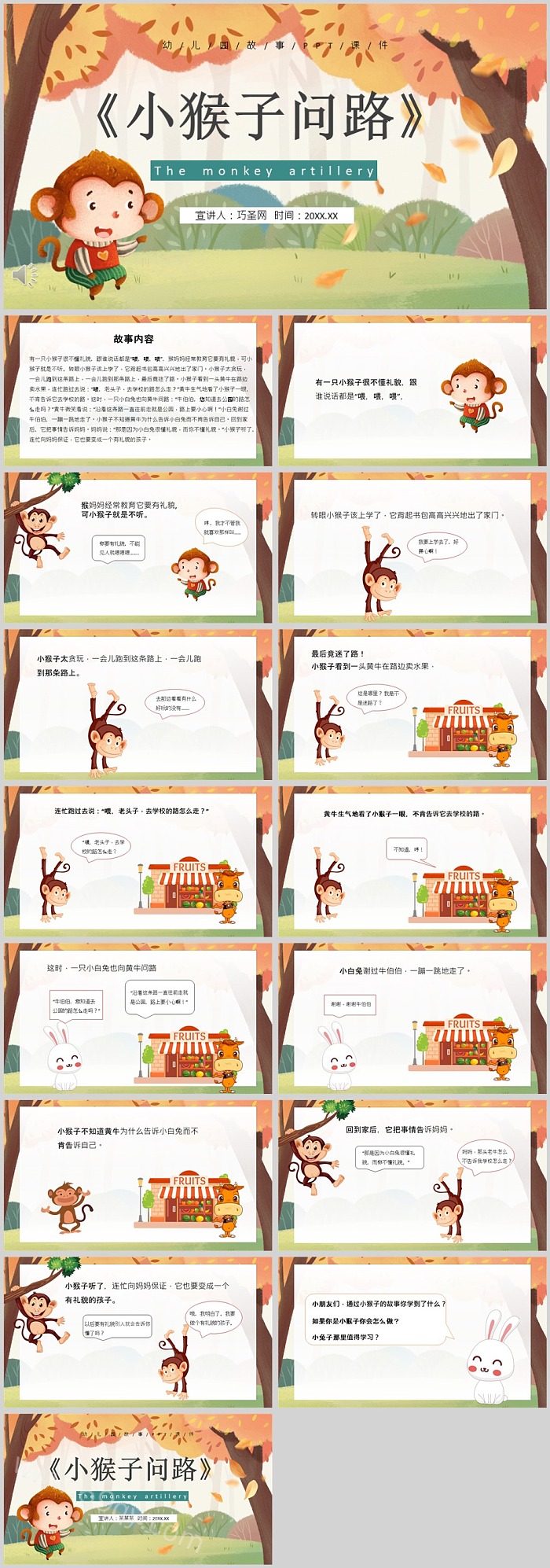 卡通幼儿园儿童寓言故事《小猴子问路》绘本故事ppt课件