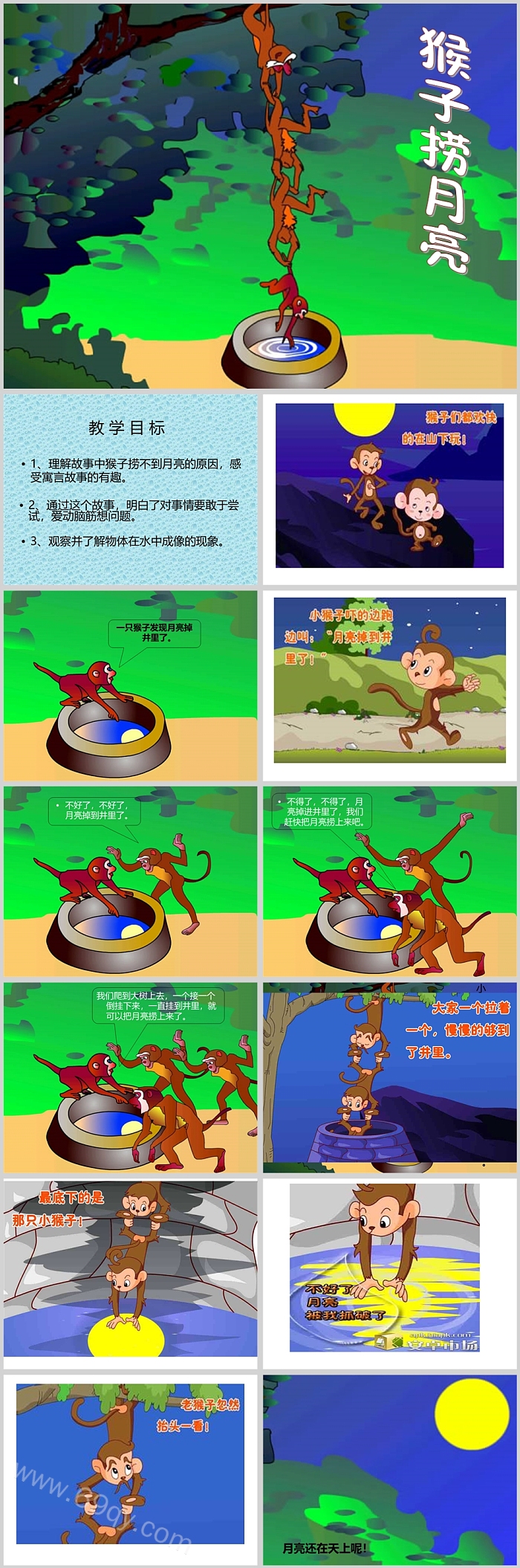 卡通幼儿园寓言故事《猴子捞月亮》绘本故事ppt课件