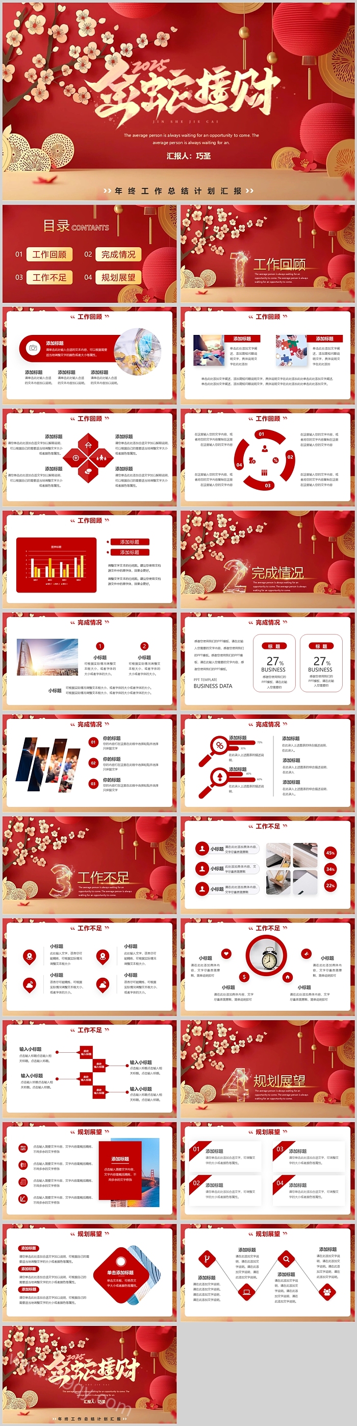 2025红色金蛇接财蛇年通用年终工作总结计划汇报ppt模版