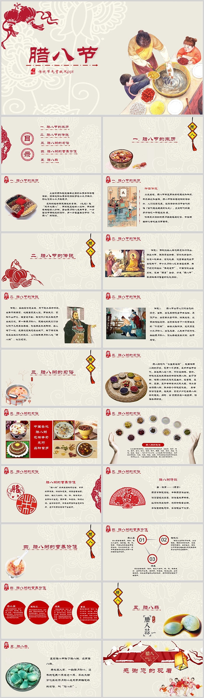 红色剪纸风中国传统节日腊八节由来宣传介绍教学讲座PPT课件