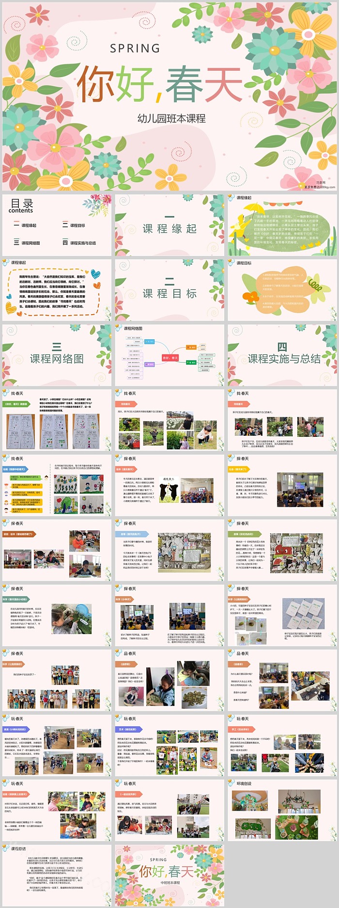 完整版幼儿园中班班本课程《你好，春天》33页语言教学PPT课件