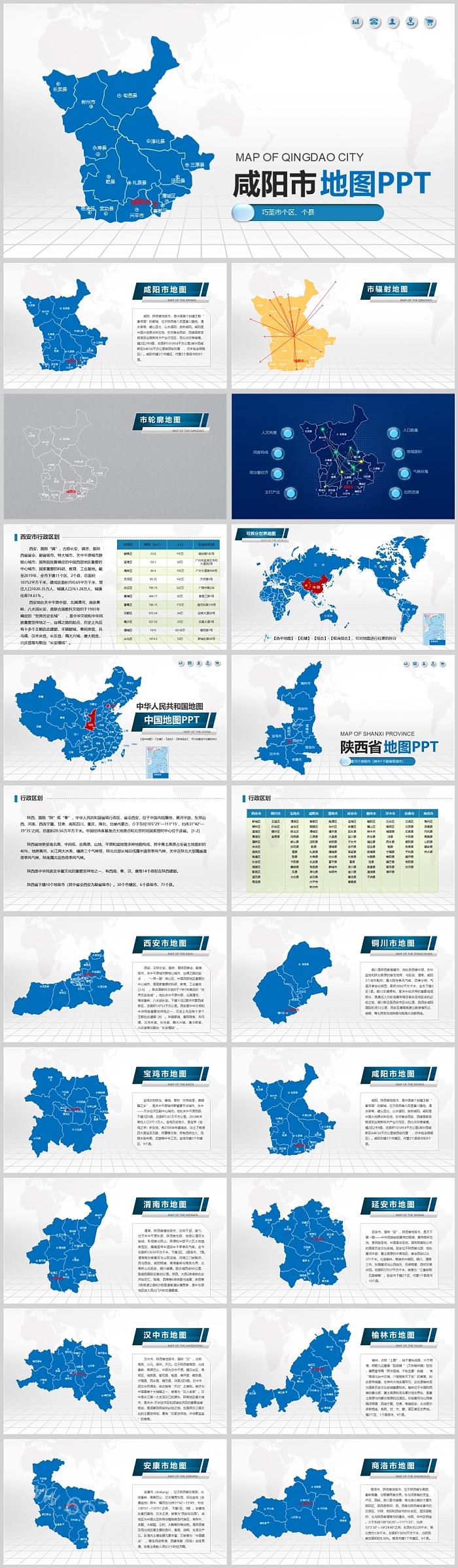 高清矢量可编辑陕西省行政区划咸阳市县级地图PPT模版