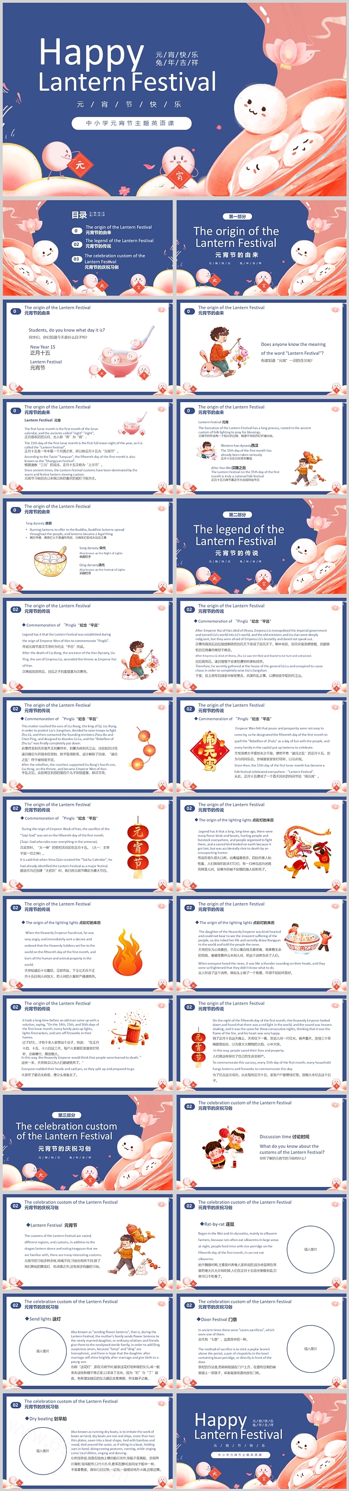 红色喜庆中国传统《Happy  Lantern Festival》元宵节英文双语课堂介绍ppt课件