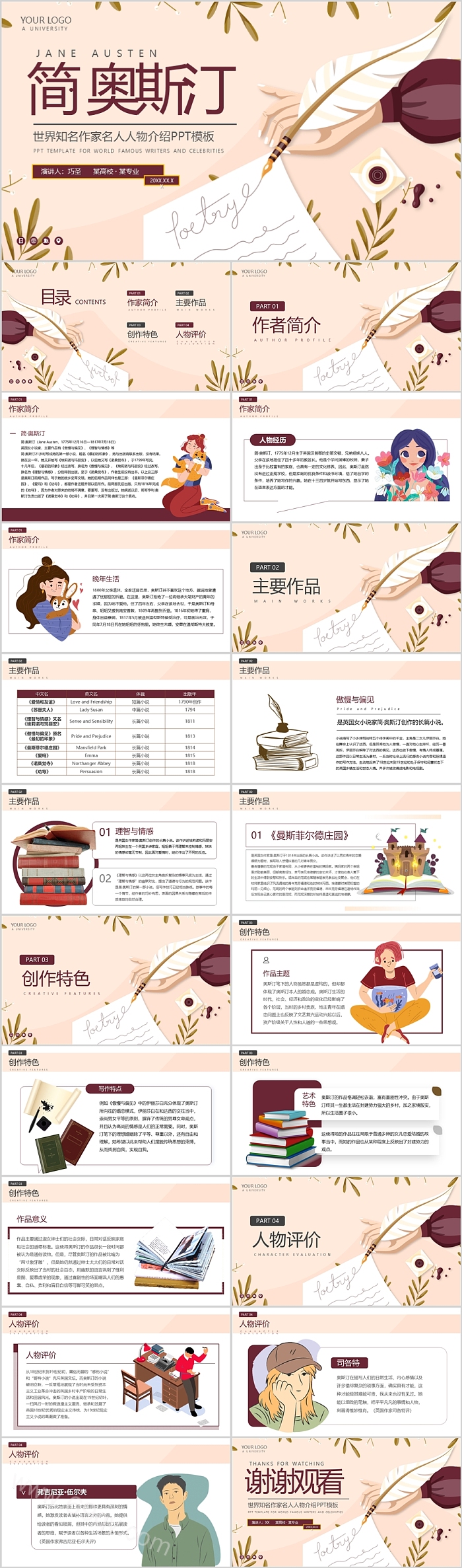 国外经典小说《傲慢与偏见》读后感简奥斯汀世界知名作家名人人物介绍PPT模板
