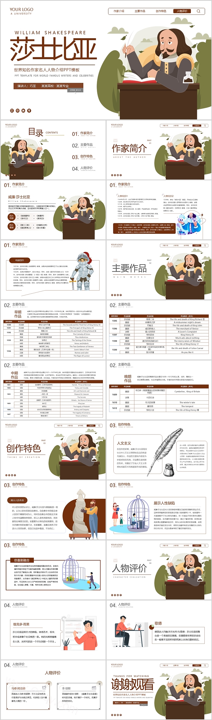 文学大师莎士比亚世界知名作家名人人物介绍PPT模板