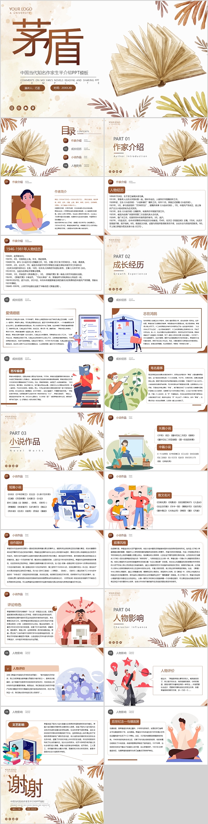 矛盾中国当代知名作家生平介绍PPT模板 