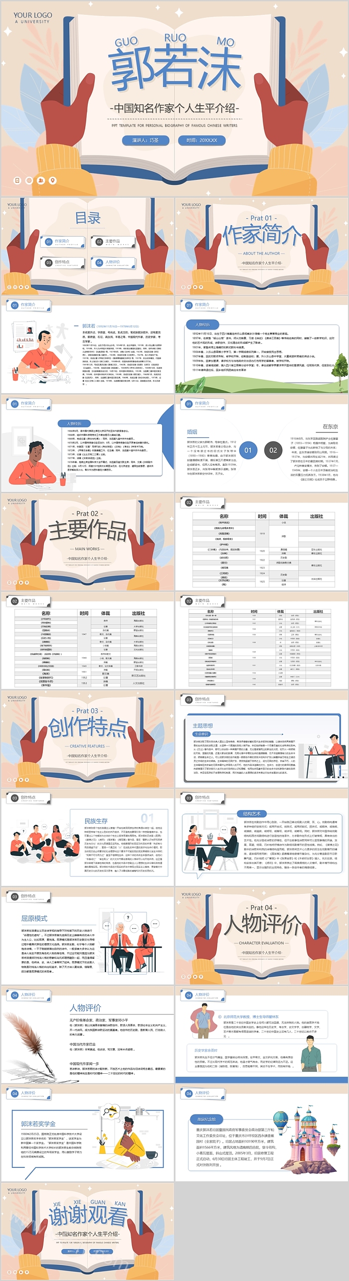 灰色中国风翻页复古名人人物郭沫若中国知名作家个人生平介绍ppt课件