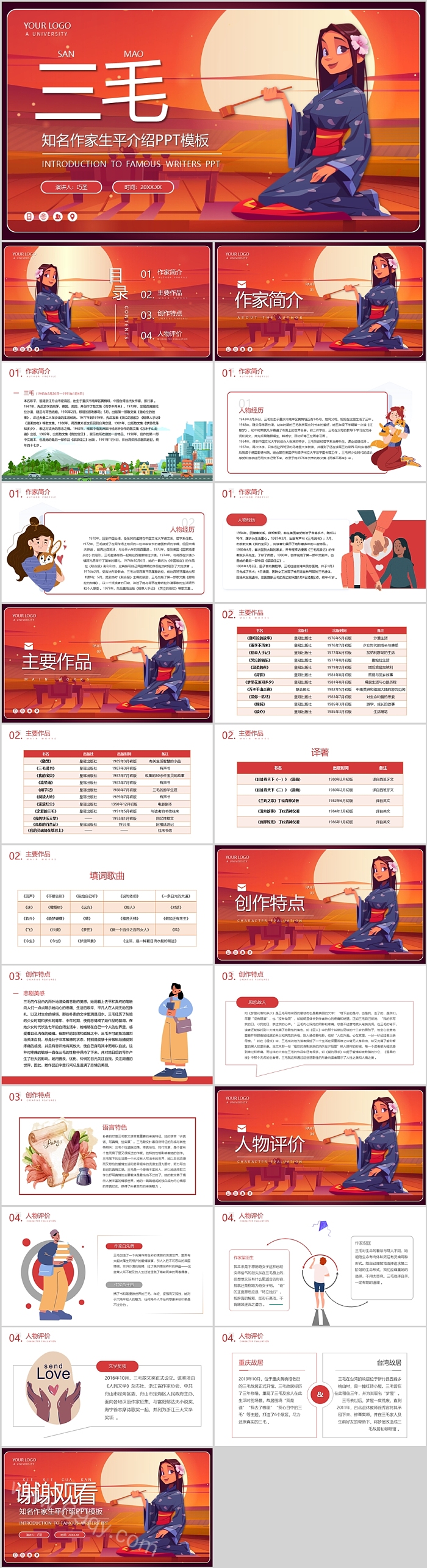 台湾当代女作家三毛知名作家生平介绍主题班会PPT模板 