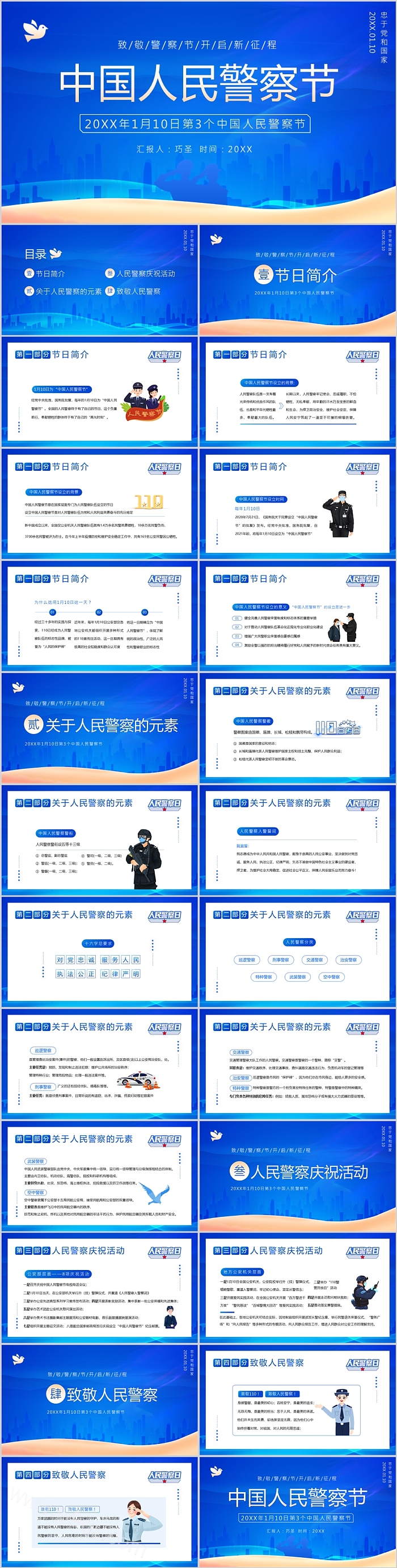 蓝色大气110中国人民警察节节日介绍ppt课件