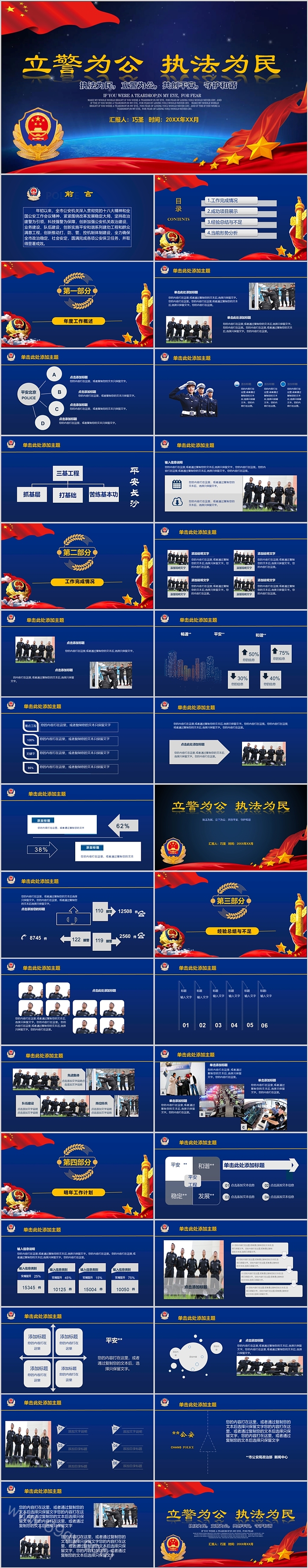 蓝色警徽背景《立警为公执法为民》人民警察工作汇报总结ppt课件