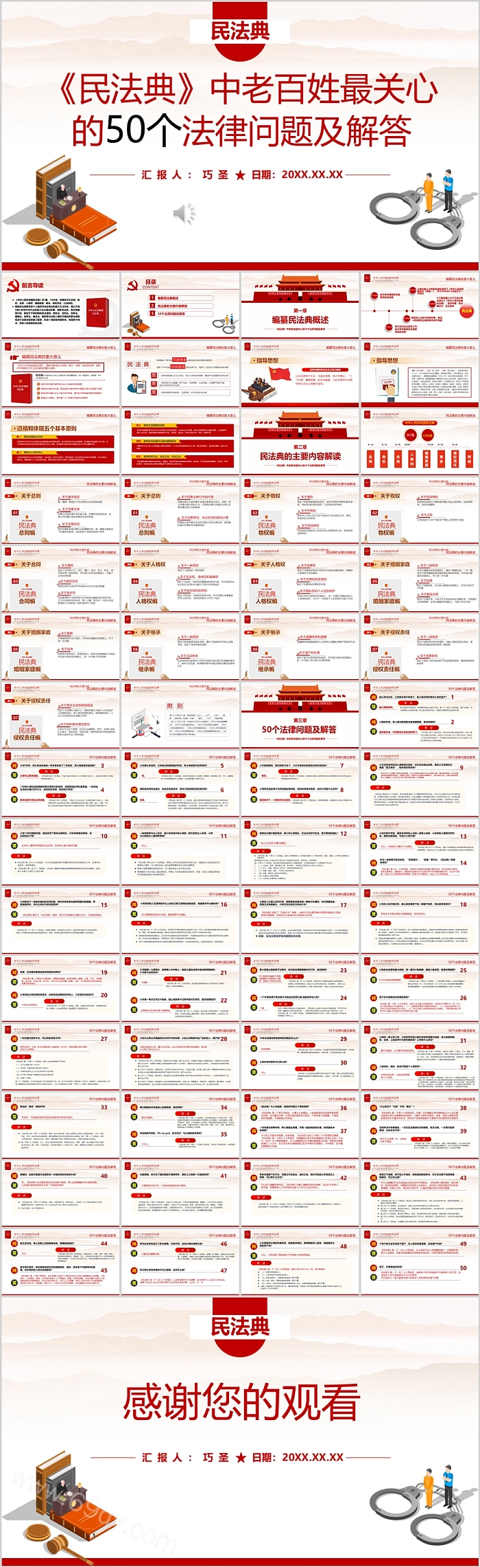 红色《民法典》中老百姓最关心的50个法律问题及解答（带内容）ppt课件