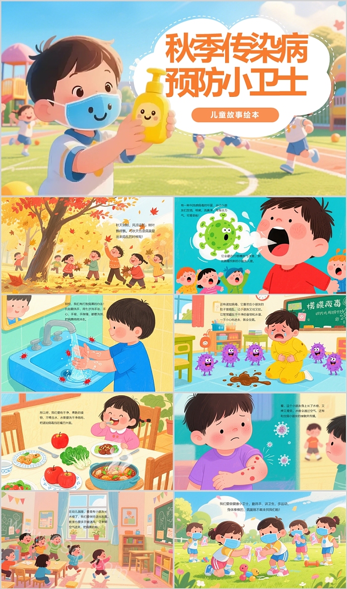 《秋季传染病预防小卫士》儿童故事绘本主题活动ppt课件