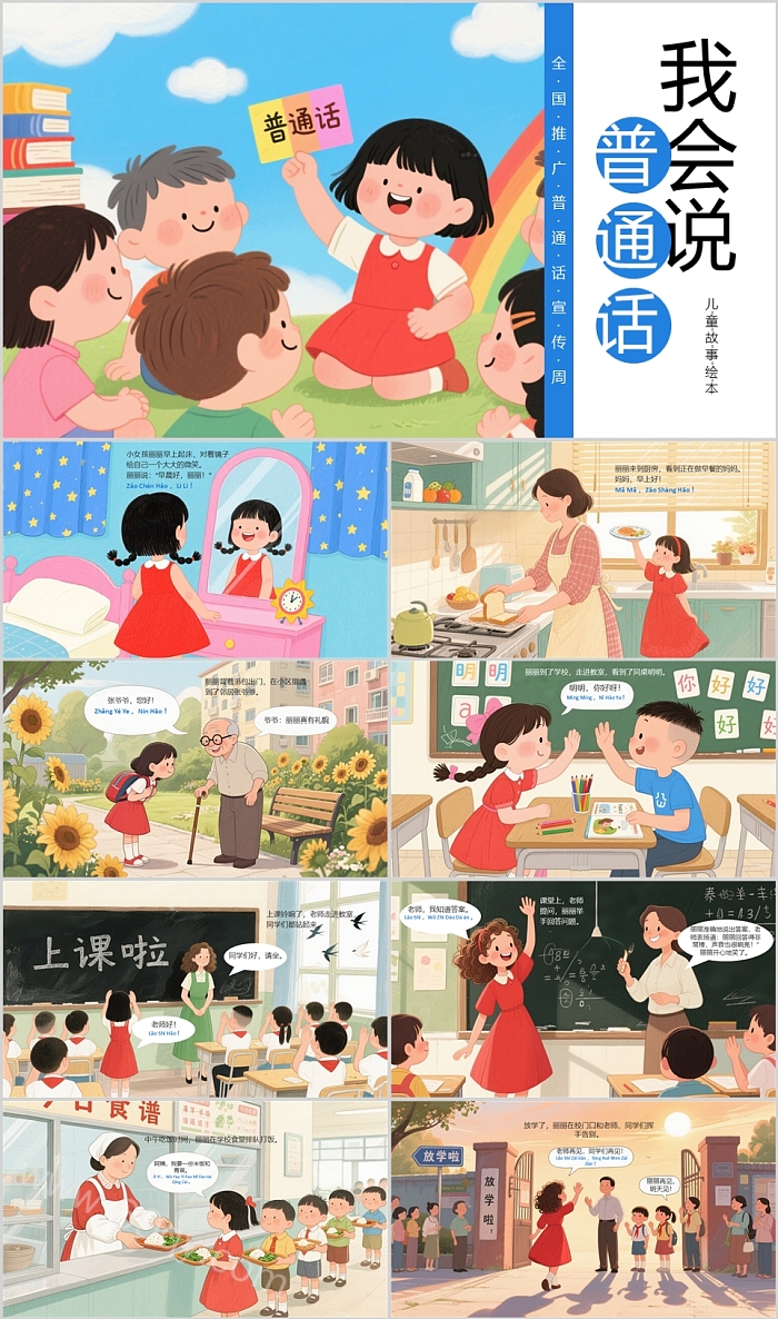卡通幼儿园普通话推广《我会说普通话》儿童绘本故事PPT课件