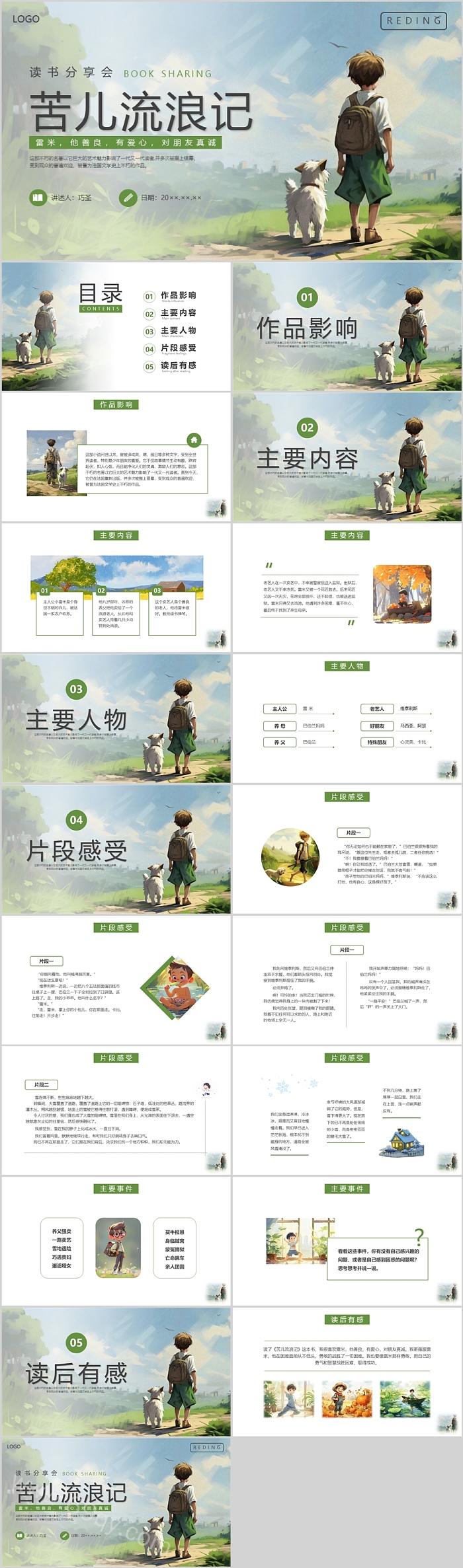简约清新小学生好书推荐《苦儿流浪记》读书分享PPT课件