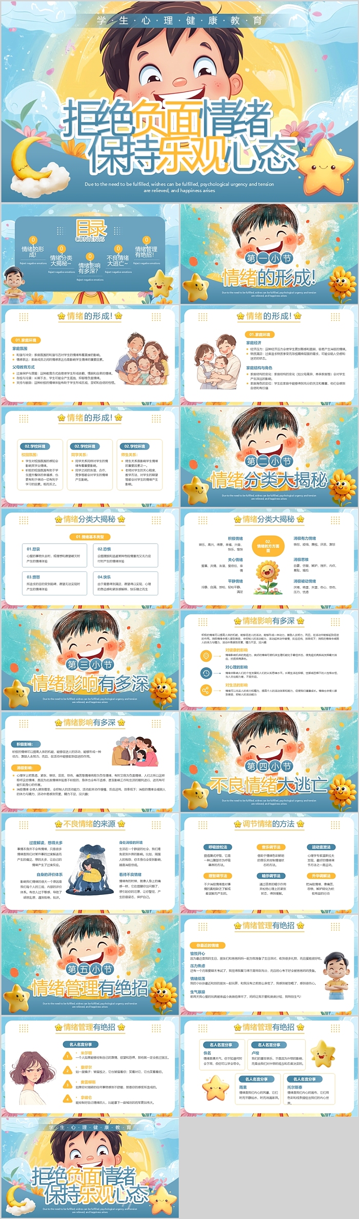 卡通小学生心理健康教育拒绝负面情绪保持乐观心态ppt课件