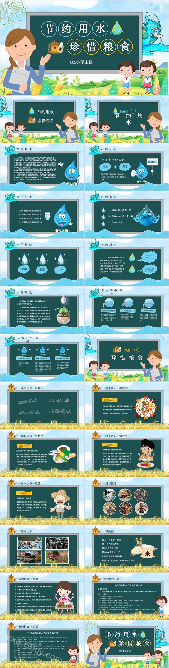 小学节约用水珍惜粮食主题班会PPT模板