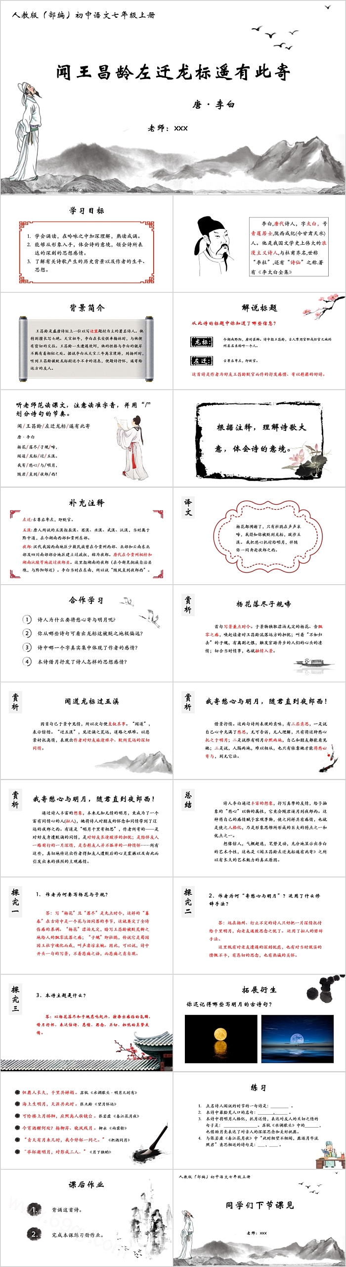 人教版七年级语文《闻王昌龄左迁龙标遥有此寄》课件PPT模板