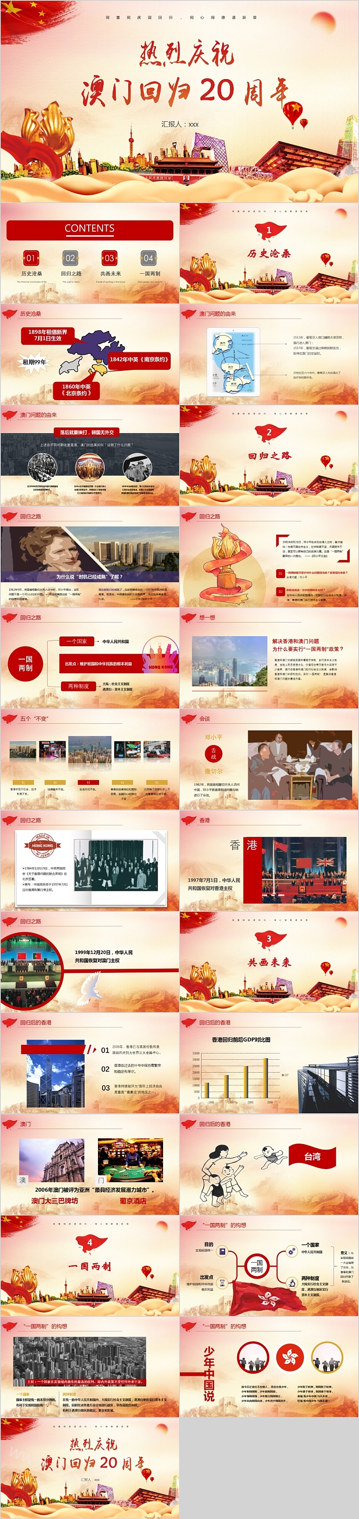红色党政风热烈庆祝澳门回归周年纪念日党课PPT课件