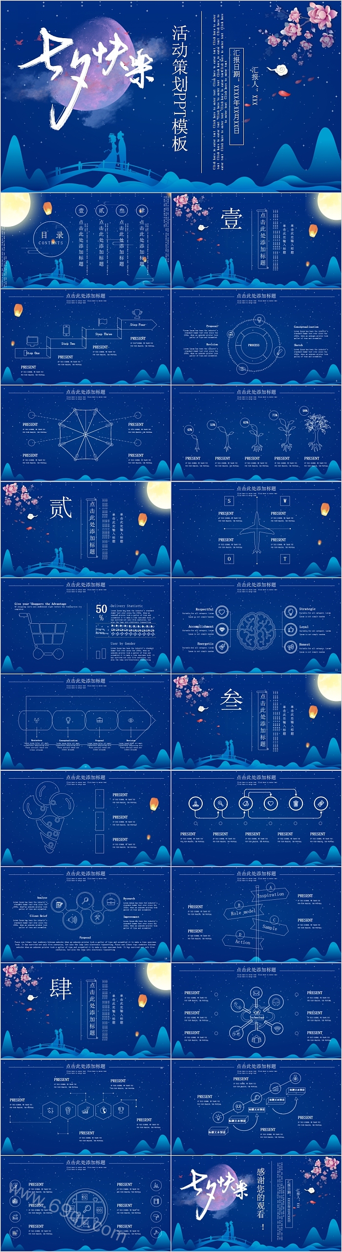 简约蓝色七夕快乐活动策划PPT模板
