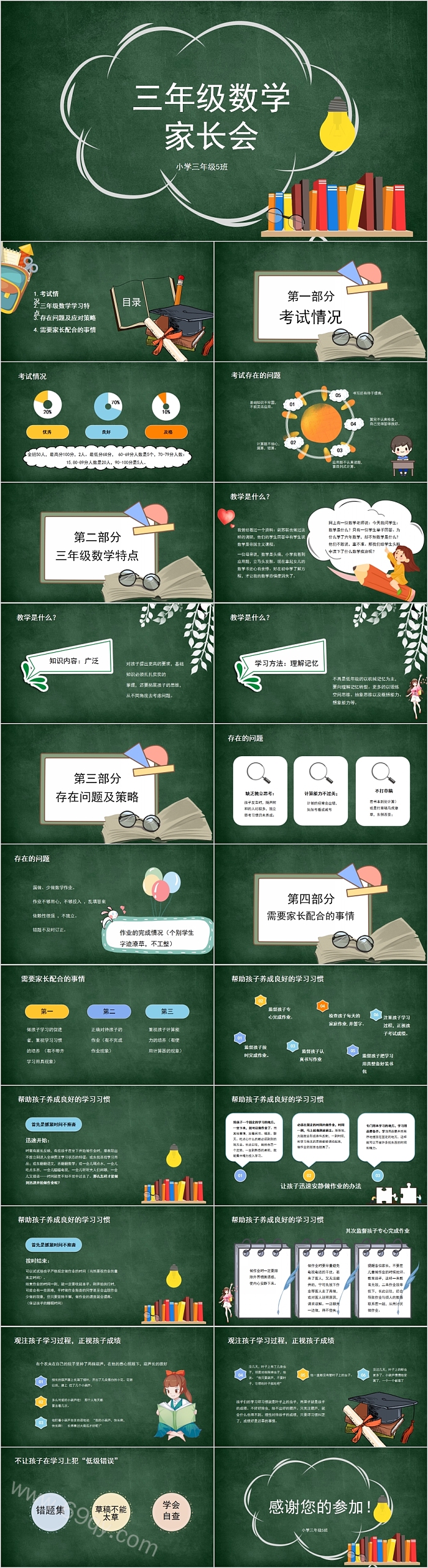 绿色简约三年级数学家长会PPT模板