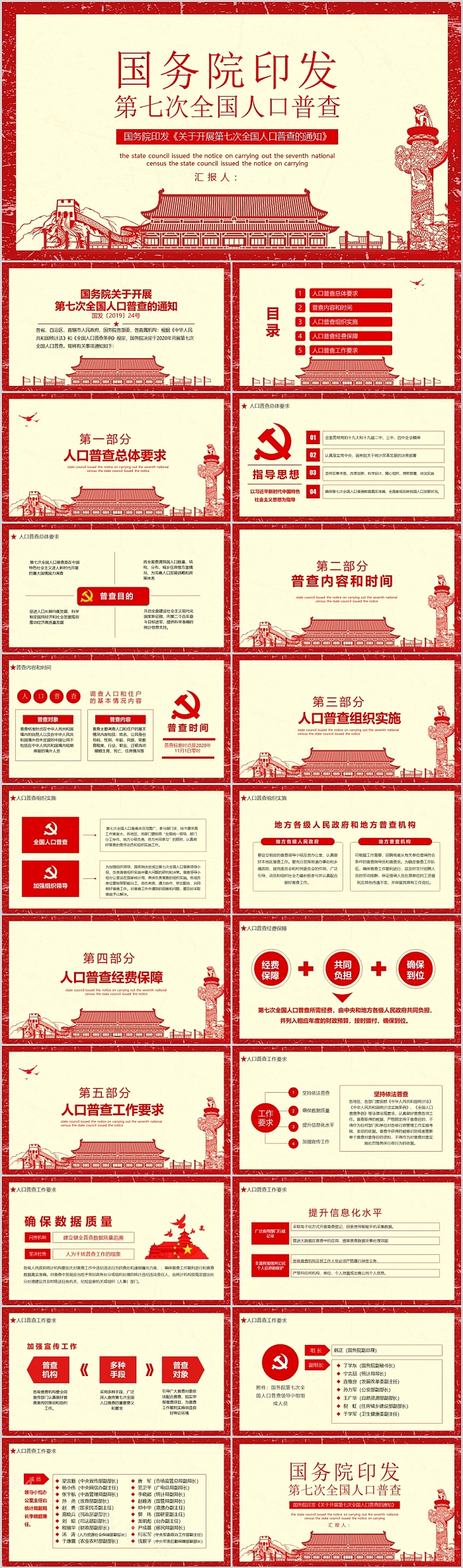 红色剪纸风国务院印发第七次全国人口普查ppt模板