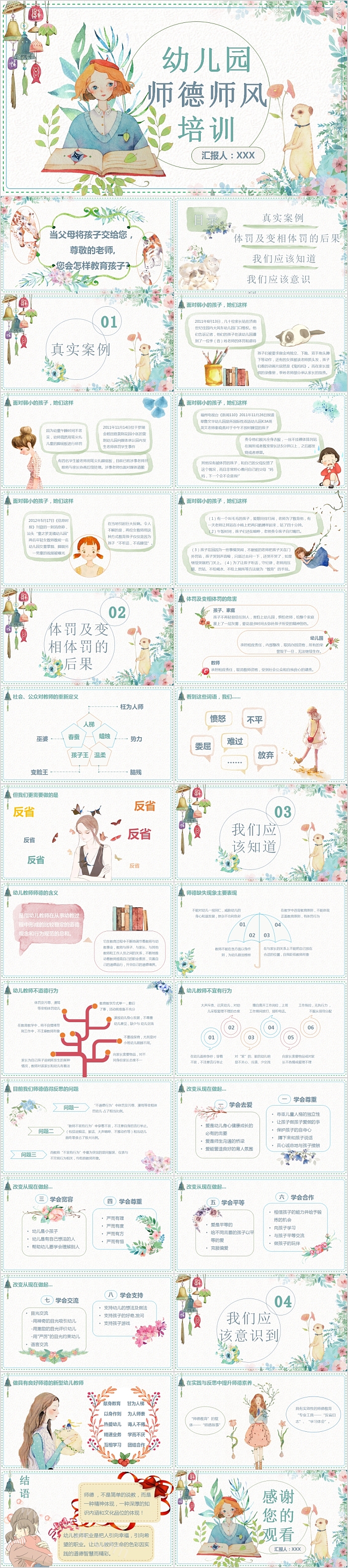 简约清新可爱卡通幼儿园教师师德师风培训PPT模板