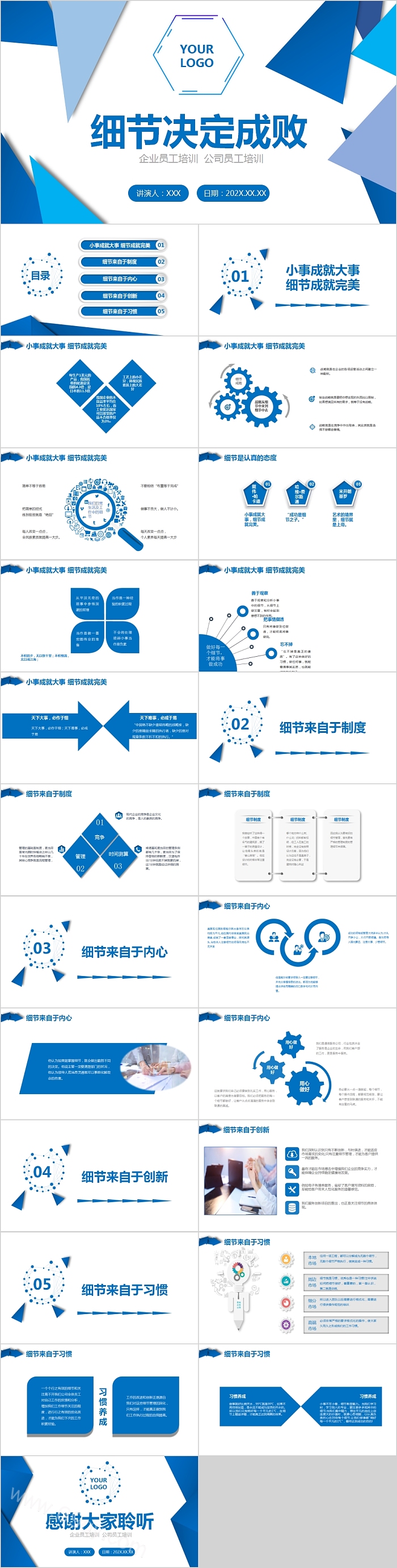 蓝色公司企业员工培训细节决定成败PPT模板