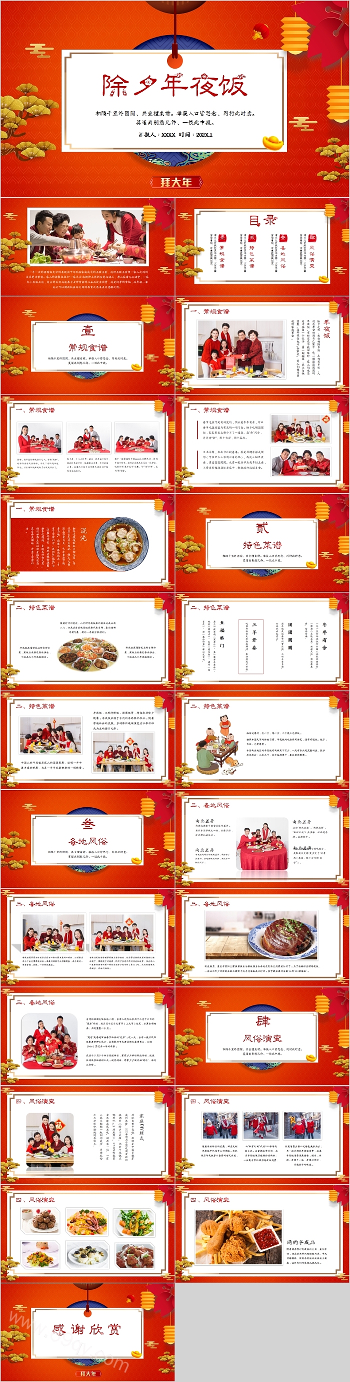 除夕春节习俗传统文化介绍除夕年夜饭PPT模板