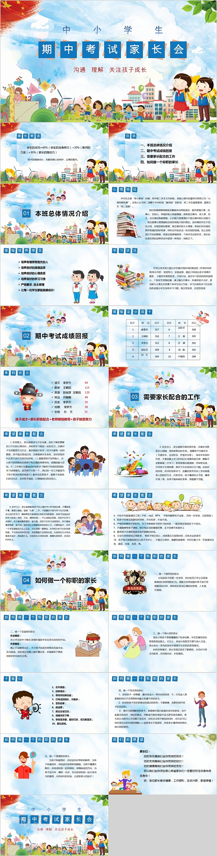 可爱卡通小学生期中考试家长会PPT模板