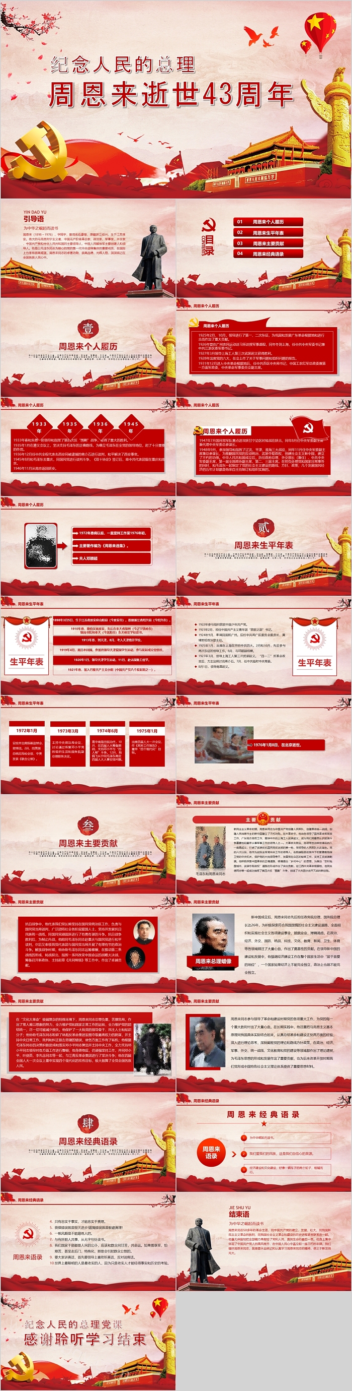 全国党员教育优秀课件之纪念周恩来逝世43 周年党课PPT课件